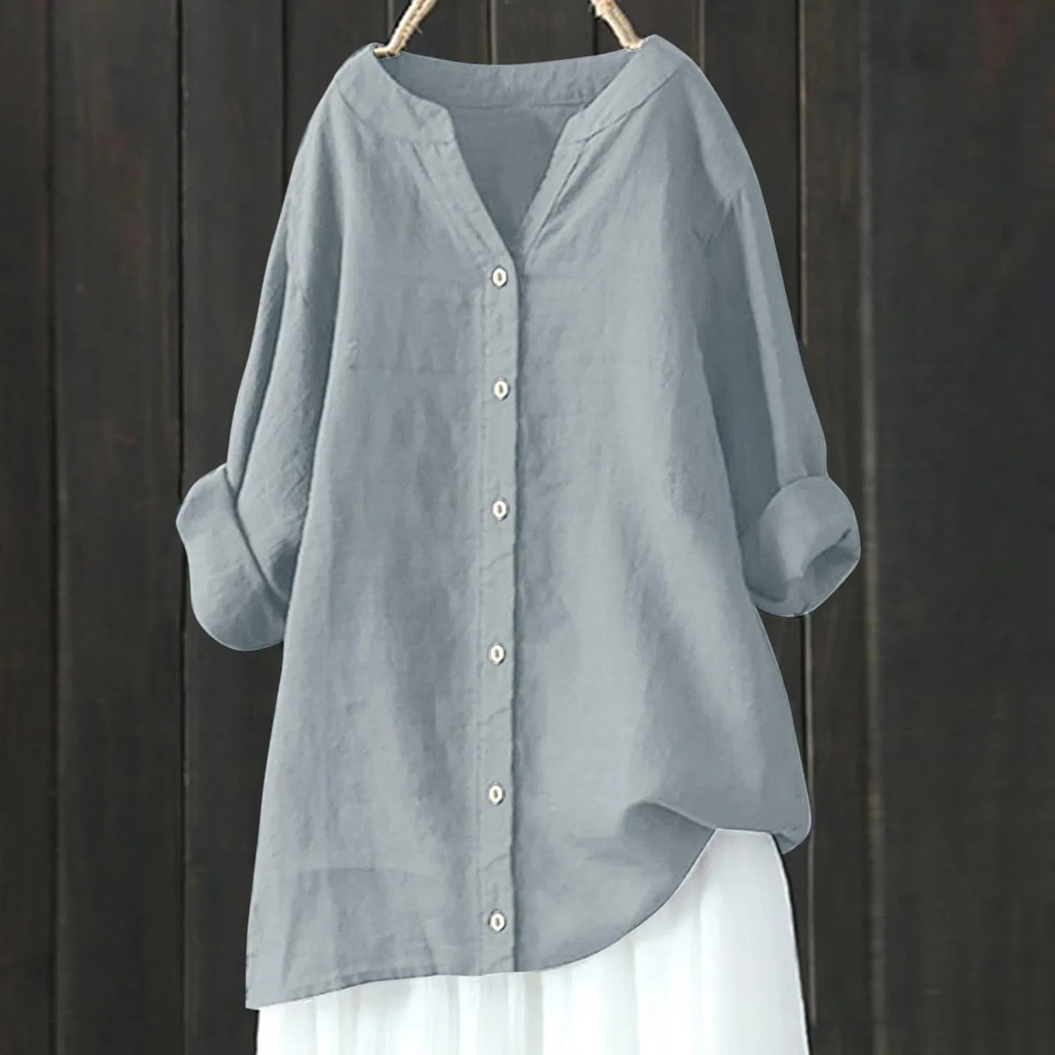 Блуза свободная Oversized Women Loose Button Down Blouse, серый — фото 3