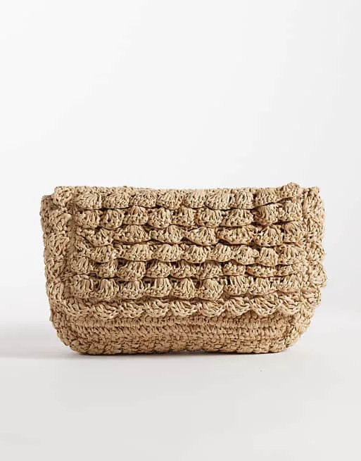 

Гламурный фактурный клатч на плечо из рафии из рафии нейтрального цвета