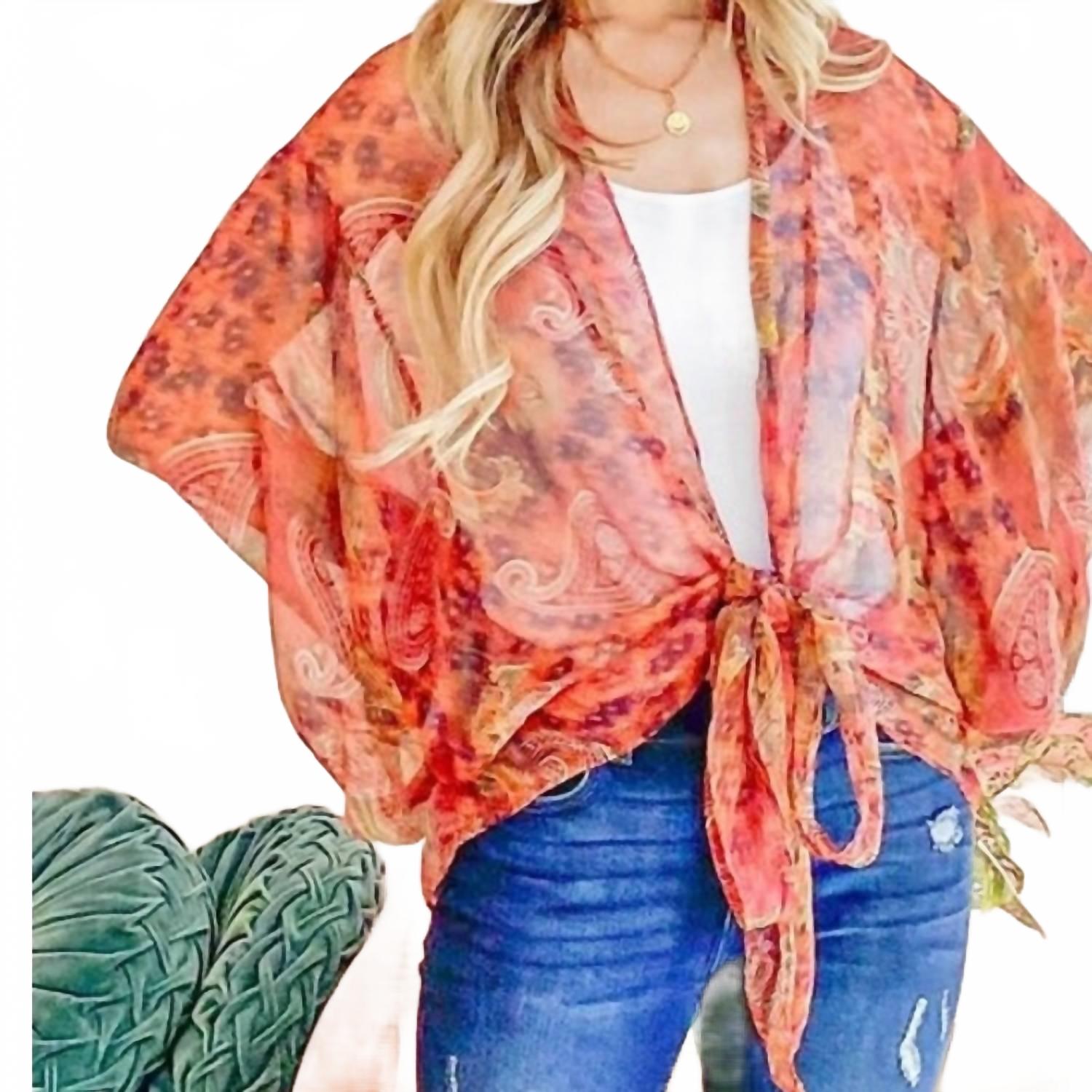 

Топ-кимоно в стиле бохо с завязкой спереди и рукавами «летучая мышь» с большим принтом цвета ржавчины And The Why, Rust