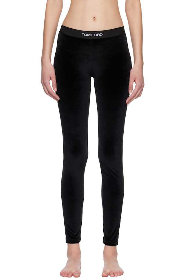 

Эластичные блестящие велюровые леггинсы с фирменной текстурой Tom Ford, черный