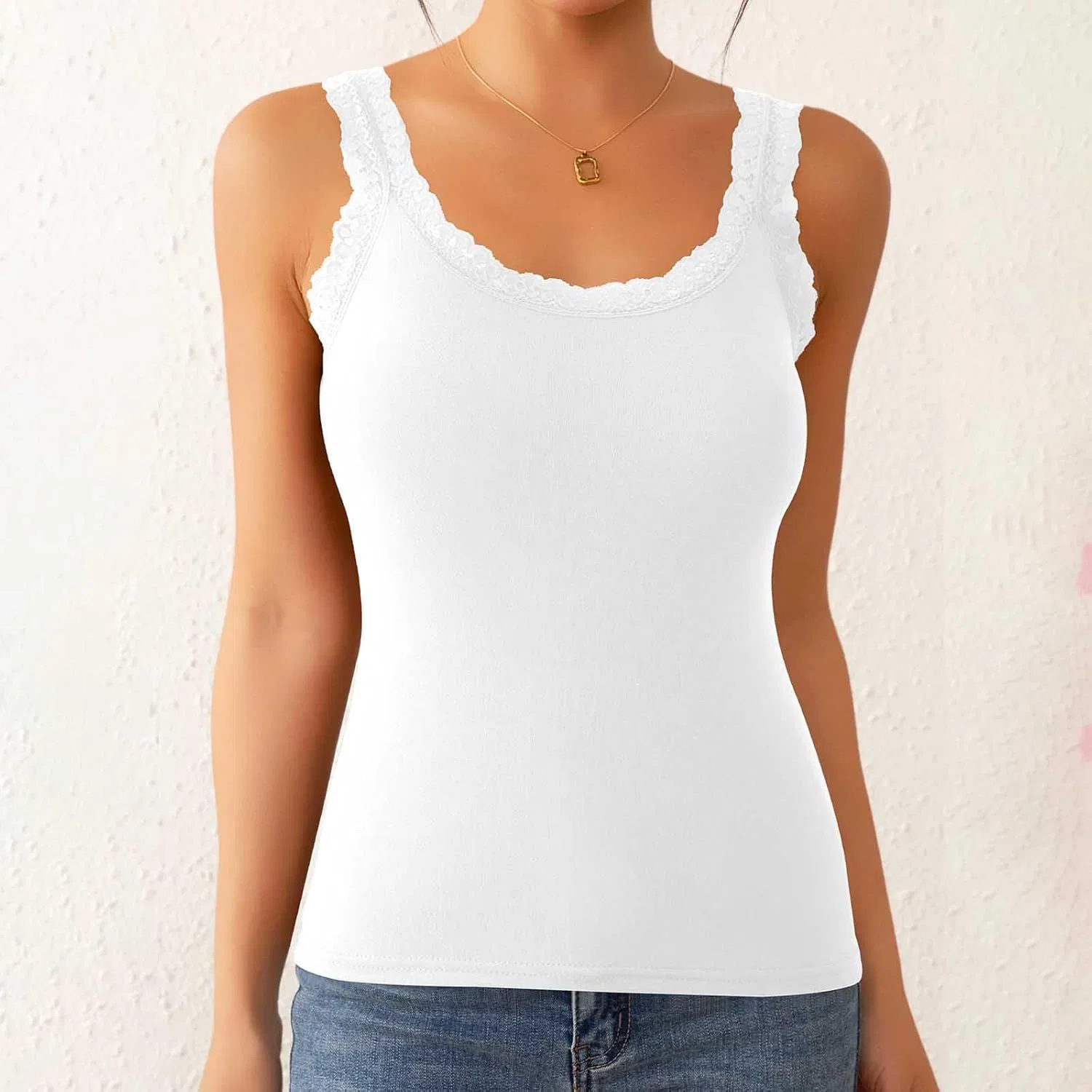 Женский топ на бретелях Ribbed с кружевной отделкой, White — фото 2