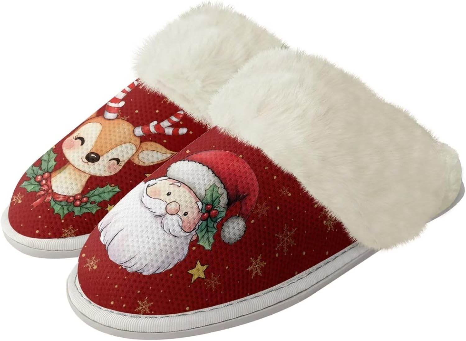 

Женские и мужские теплые тапочки мягкие плюшевые домашние тапочки с противоскользящей подошвой, пушистым воротником, для спальни, для дома и улицы Jiquruby, Christmas Print