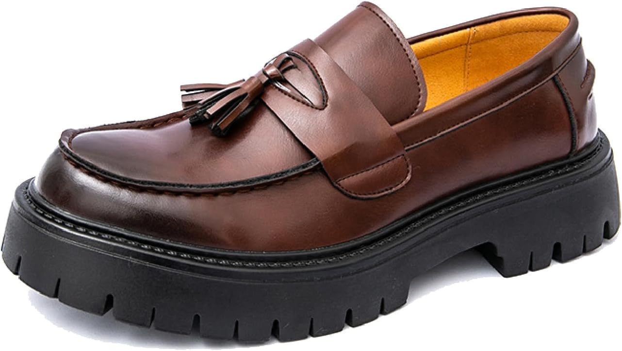 

Мужские кожаные лоферы на платформе с кисточками, деловые, удобные, с круглым носком, без шнуровки, с противоскользящей подошвой, пенни-лоферы для свадьбы, работы, офиса и деловой обуви Loveheynew, коричневый