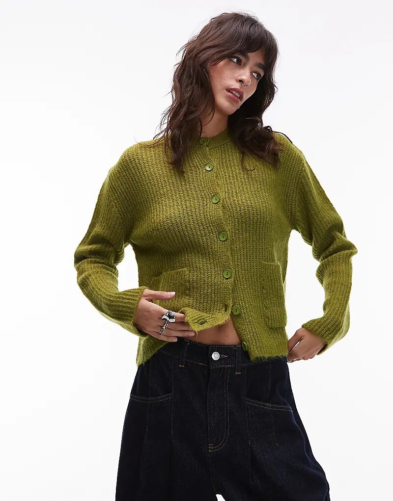 

Вязаный кардиган ASOS DESIGN с накладными карманами оливкового цвета