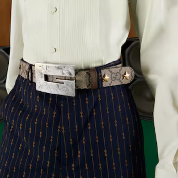 Кожаный ремень из холста мужской бежевый эбеновый ширина 4 см GUCCI — фото 3