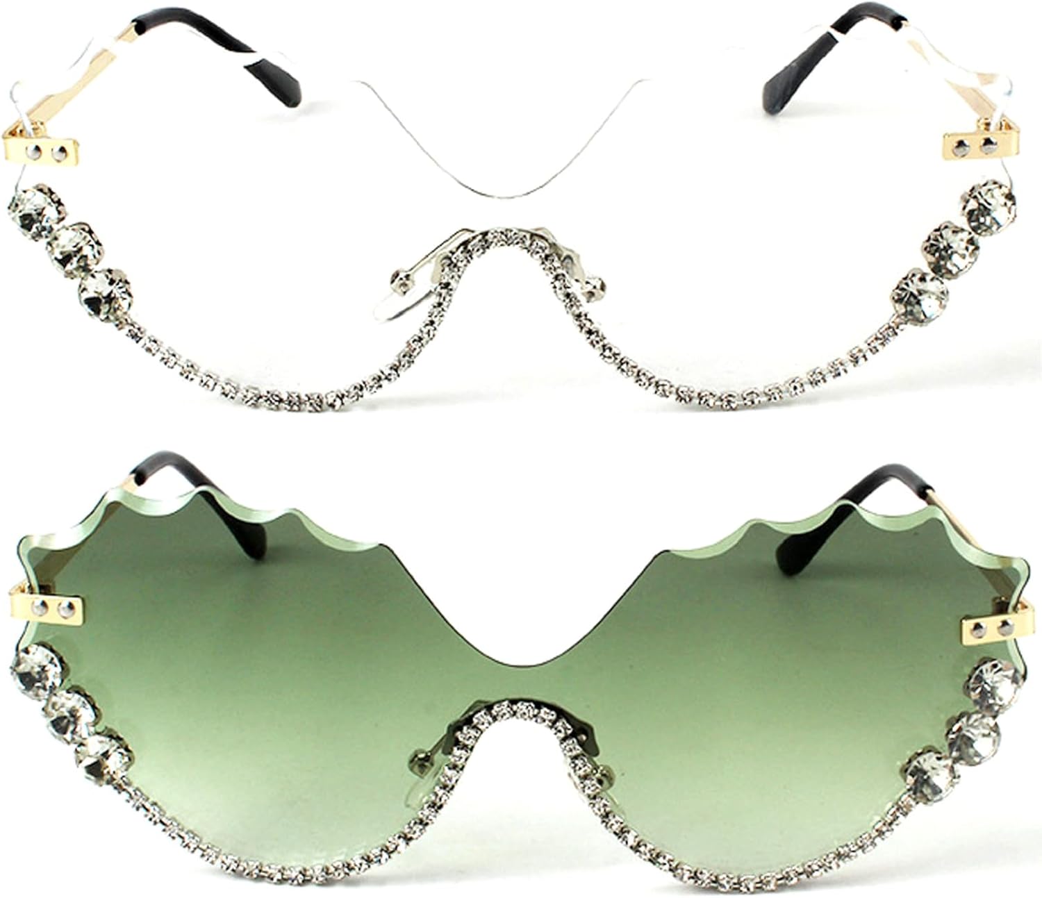 

Забавные солнцезащитные очки в оправе с драгоценными камнями для костюмированной вечеринки, украшенные стразами, женские солнцезащитные очки без оправы «кошачий глаз», оригинальные очки с бриллиантами mincl, 2pcs-clear&green