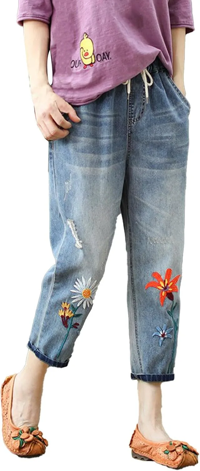 

Женские джинсы Harem Capri Vintage с высокой талией и вышивкой LCMTWX