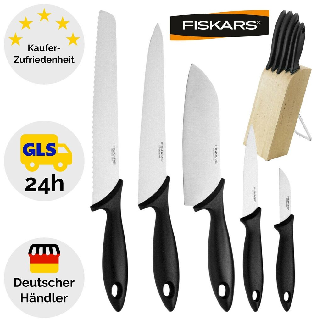 

Блок ножей Fiskars с 5 ножами, держатель для ножей, нож для хлеба, кухонный нож