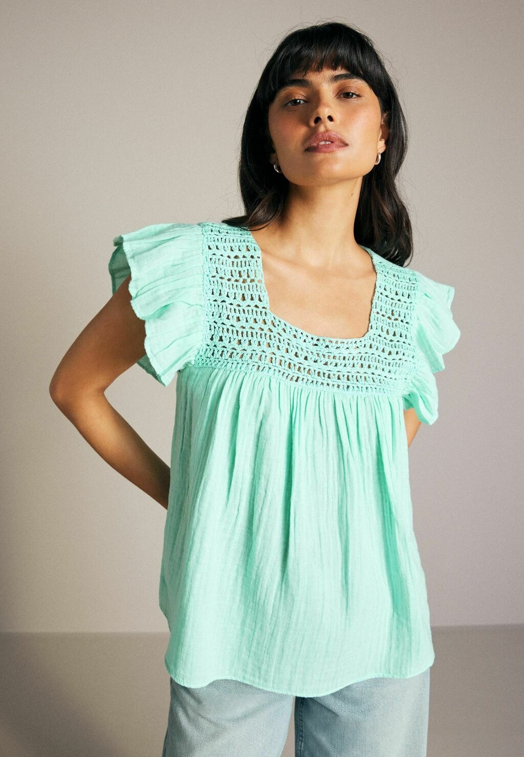 

Блуза SQUARE NECK FLUTTER SLEEVE, REGULAR FIT Next, синий