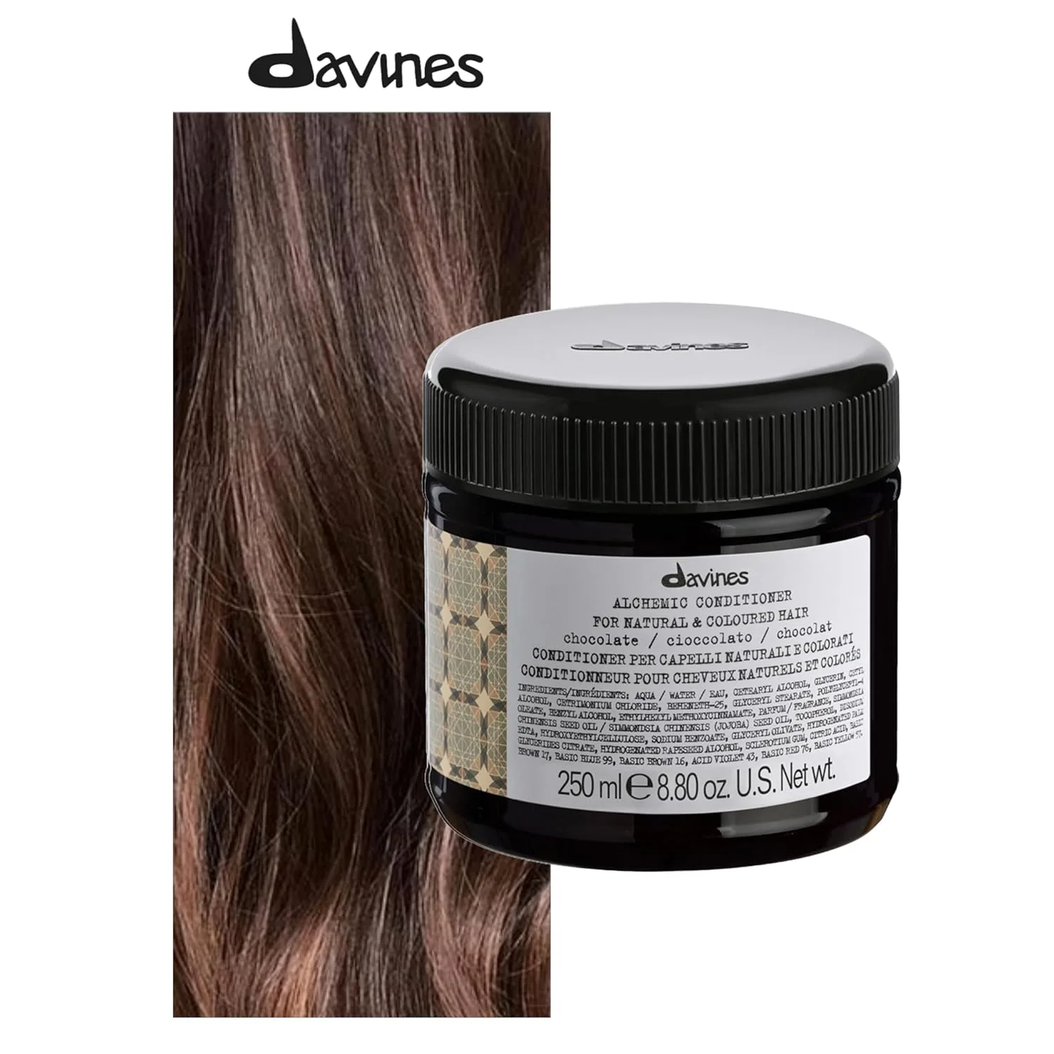 Кондиционер Davines Alchemic Chocolate, крем для окрашивания темно-коричневых и черных волос - усиливает и увлажняет оттенки каштановых волос с маслом жожоба, 8, 45 жидких унций. 260 мл (.), brown — фото 2