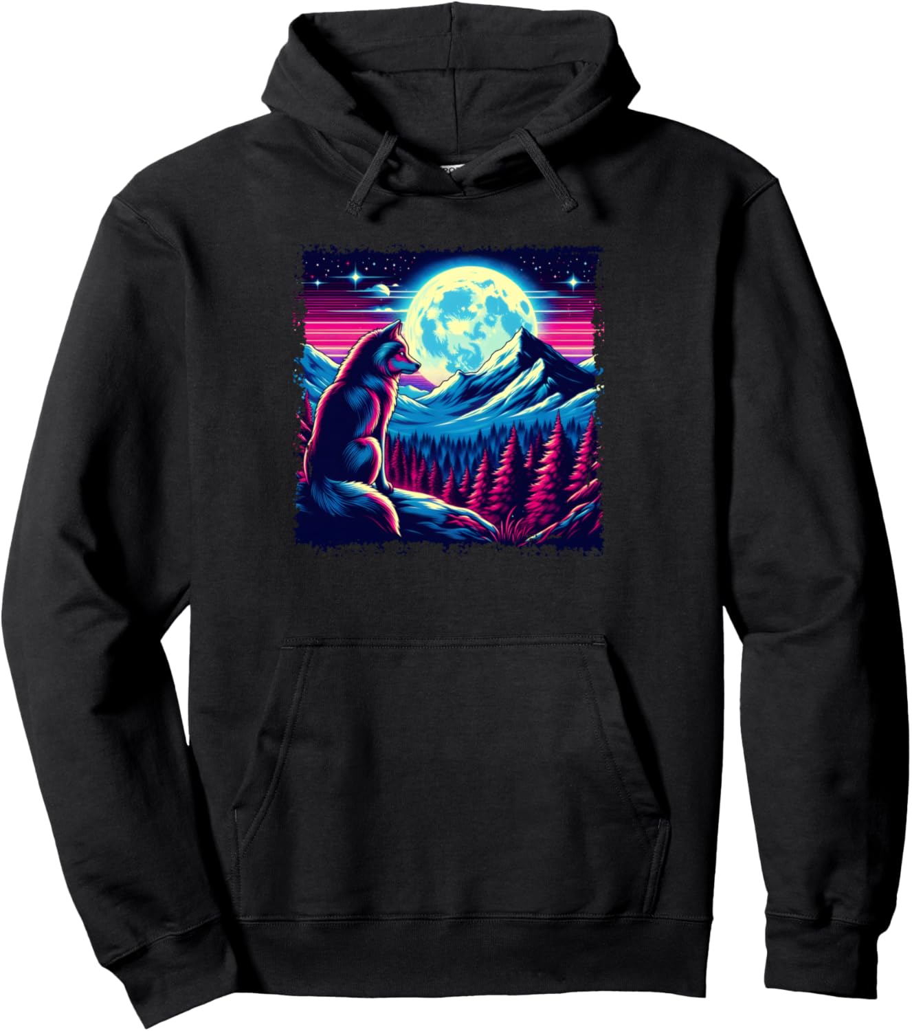 

Худи в стиле ретро «Волк, гора, луна» Retro Moon Gazing Wolf Collection, черный