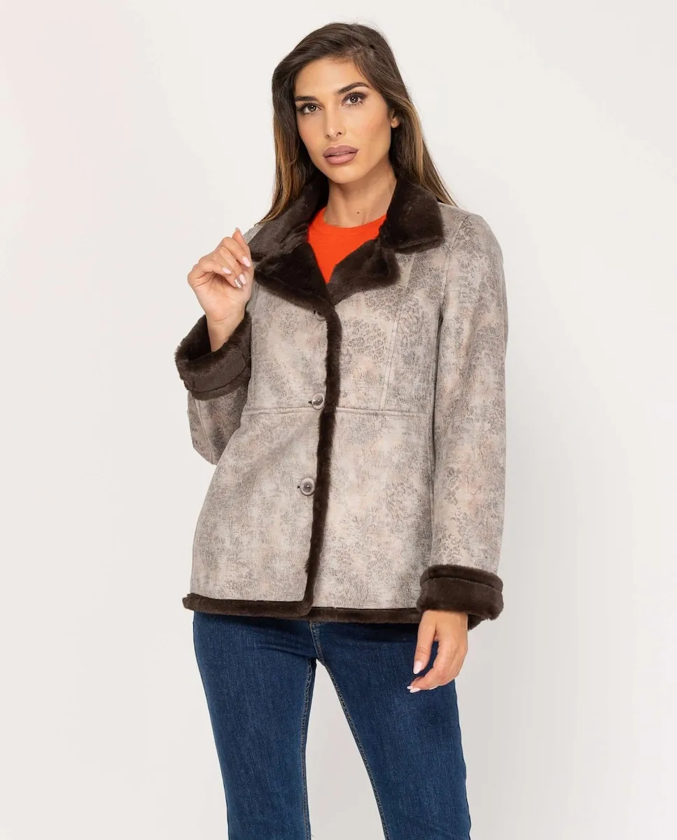 

Женское короткое двустороннее пальто с мехом и отложным воротником Fsh, серый