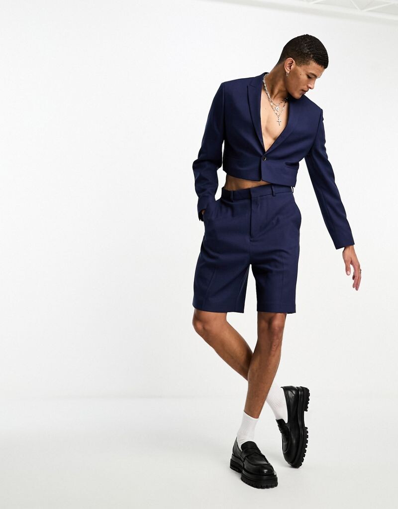 

Темно-синий широкий костюм с короткими рукавами ASOS DESIGN