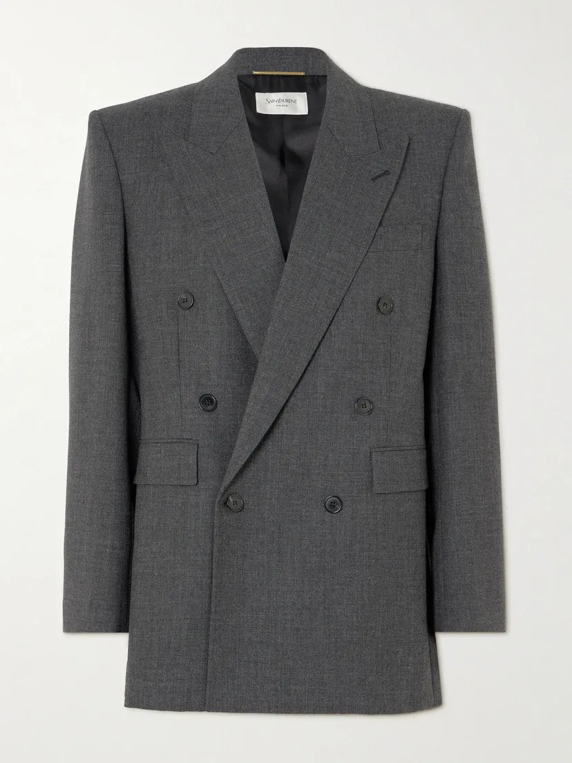 Двубортный шерстяной пиджак SAINT LAURENT, серебряный