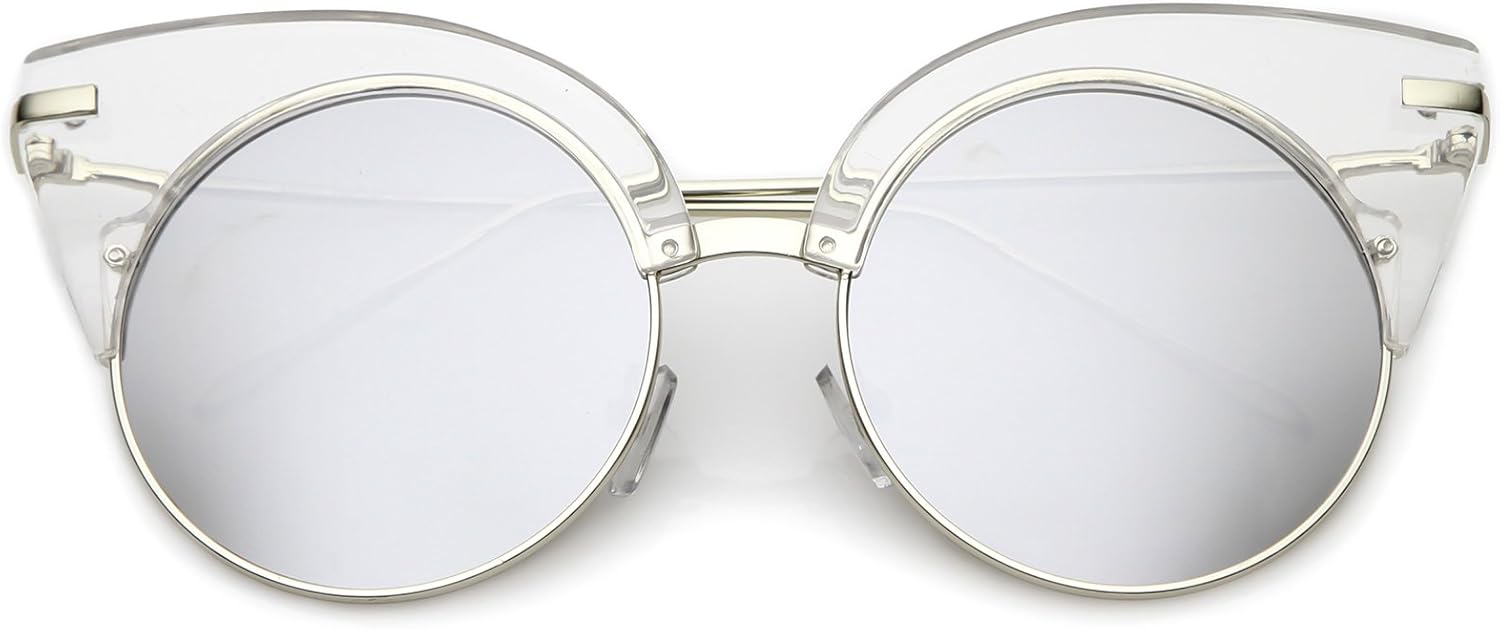 

zeroUV - Солнцезащитные очки в форме «кошачий глаз» с полуободковой оправой, ультратонкими дужками, круглыми зеркальными плоскими линзами, шириной линз 54 мм, Clear Silver / Silver Mirror