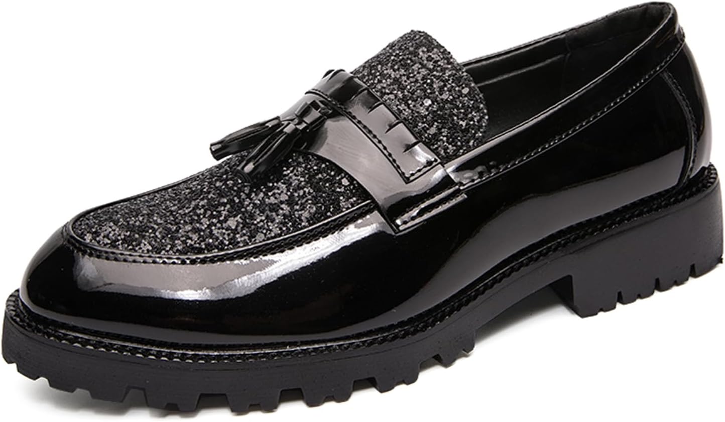 

Мужские лоферы Nileeke с блестящей кисточкой, без шнуровки, с круглым мыском, из искусственной лакированной кожи, модные деловые туфли, подходящие для повседневной носки, вечеринок, свадьбы и выпускного, черный