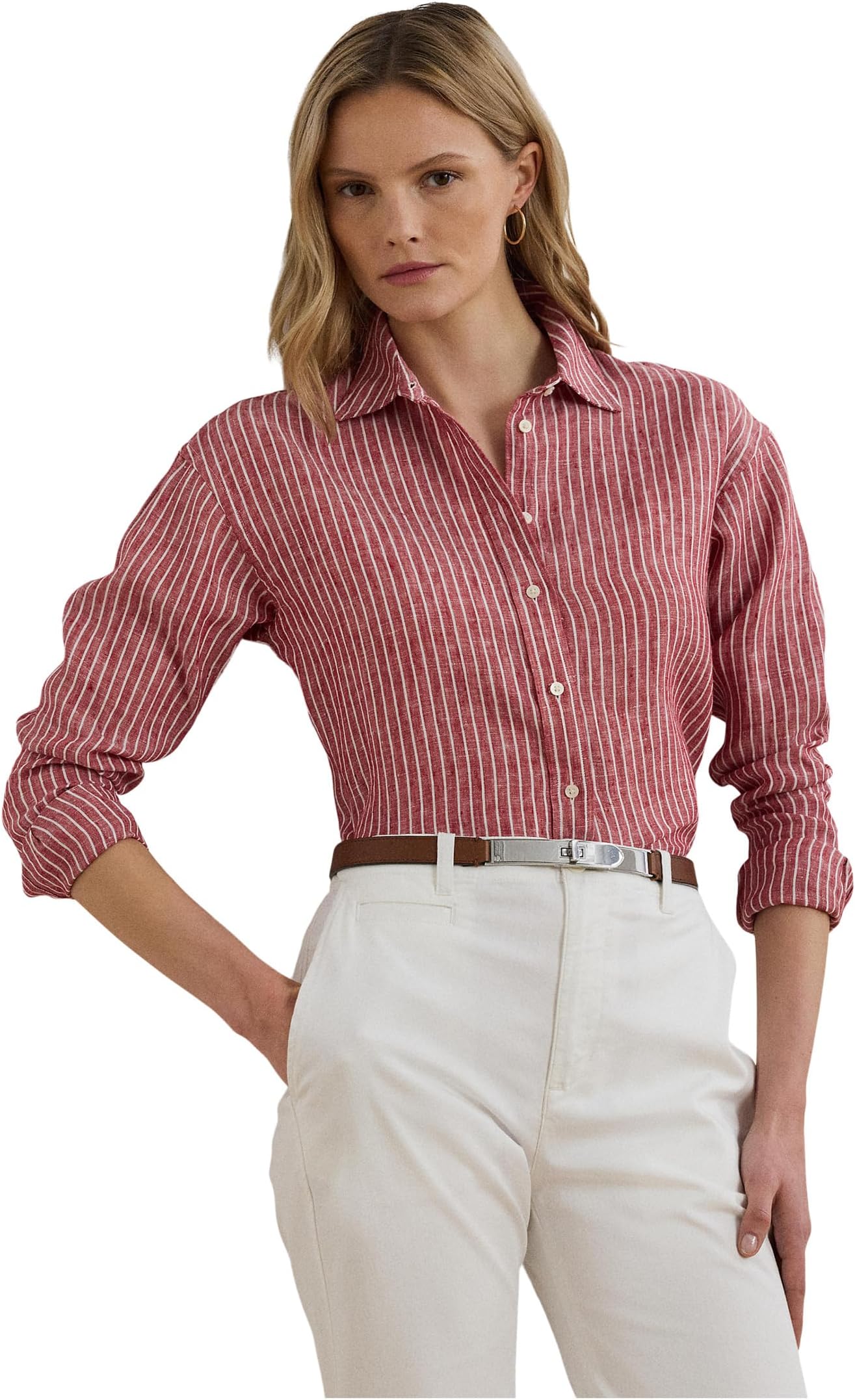 

Рубашка Lauren Ralph Lauren Petite Relaxed Fit Striped Linen Shirt, цвет Light Red/White
