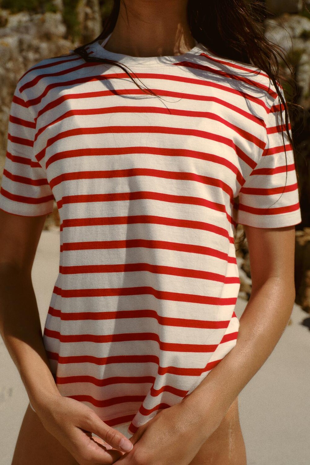 

Базовая хлопковая футболка ZARA, цвет red stripe