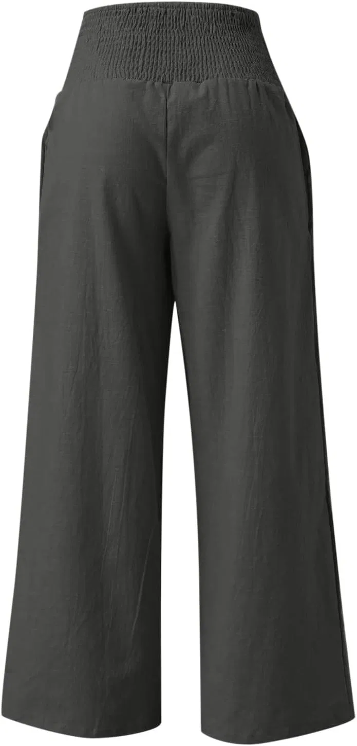 Женские брюки палаццо с высокой талией, Cotton Linen, свободные, с карманами, A03_dark Gray — фото 4