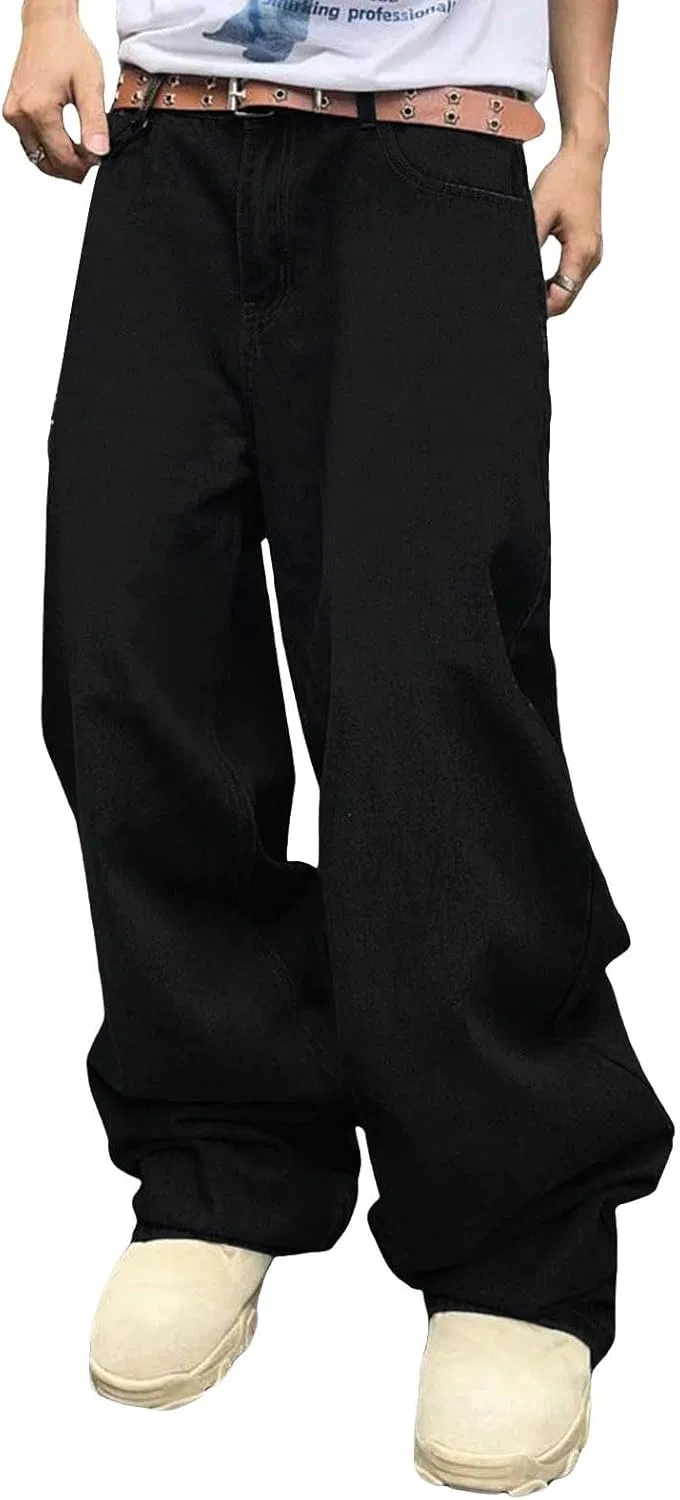Джинсы свободные, Men's Wide Leg Jeans, Black