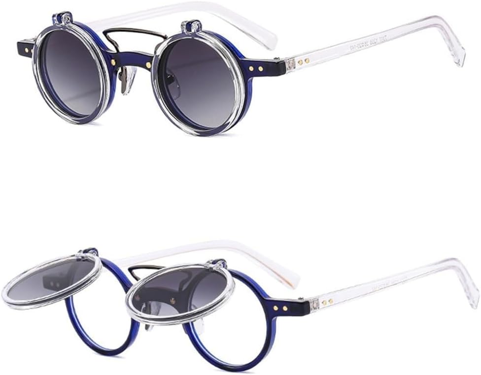 

Ретро-панк солнцезащитные очки с двойной откидной крышкой, круглые, для женщин и мужчин, с леопардовым принтом, защитой от УФ-излучения UV400 и заклепками LXLHWN, Blue Gray