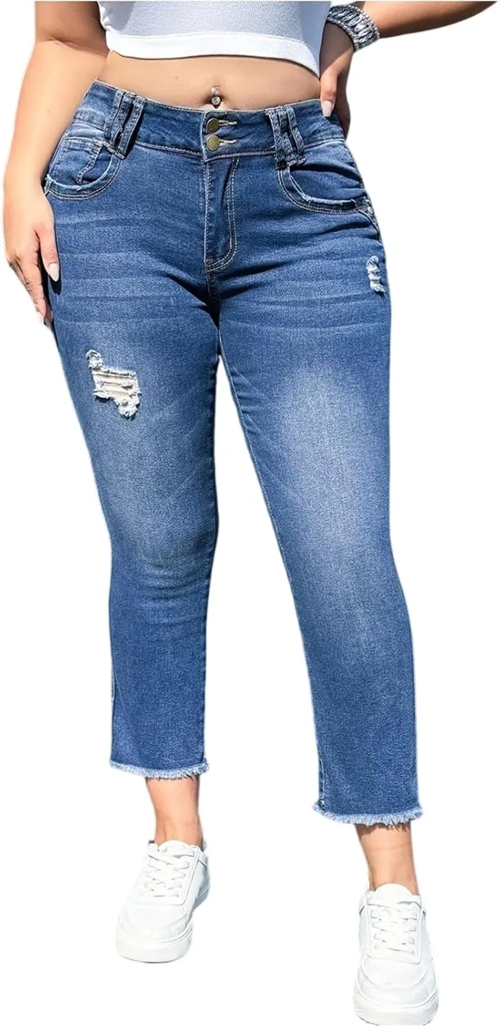 

Кроп джинсы для женщин High Waist Ripped Skinny с карманами tobchonp