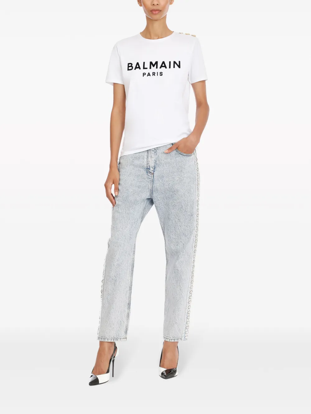 Футболка с логотипом и пуговицами BALMAIN, белый — фото 2