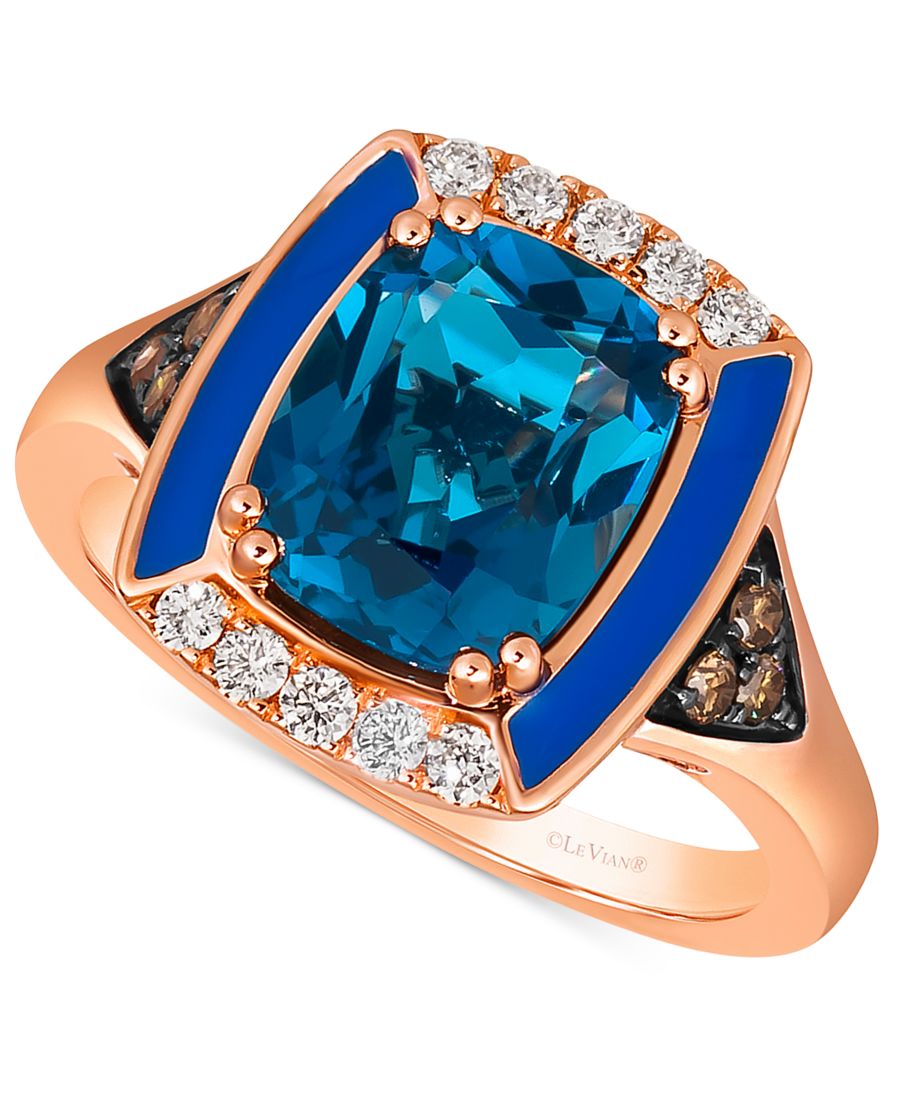 

Эффектное кольцо из розового золота 14 карат с топазами глубокого синего цвета (2,5 карата), бриллиантами телесного цвета (1/6 карата) и бриллиантами шоколадного цвета (1/8 карата) Le Vian, No Color