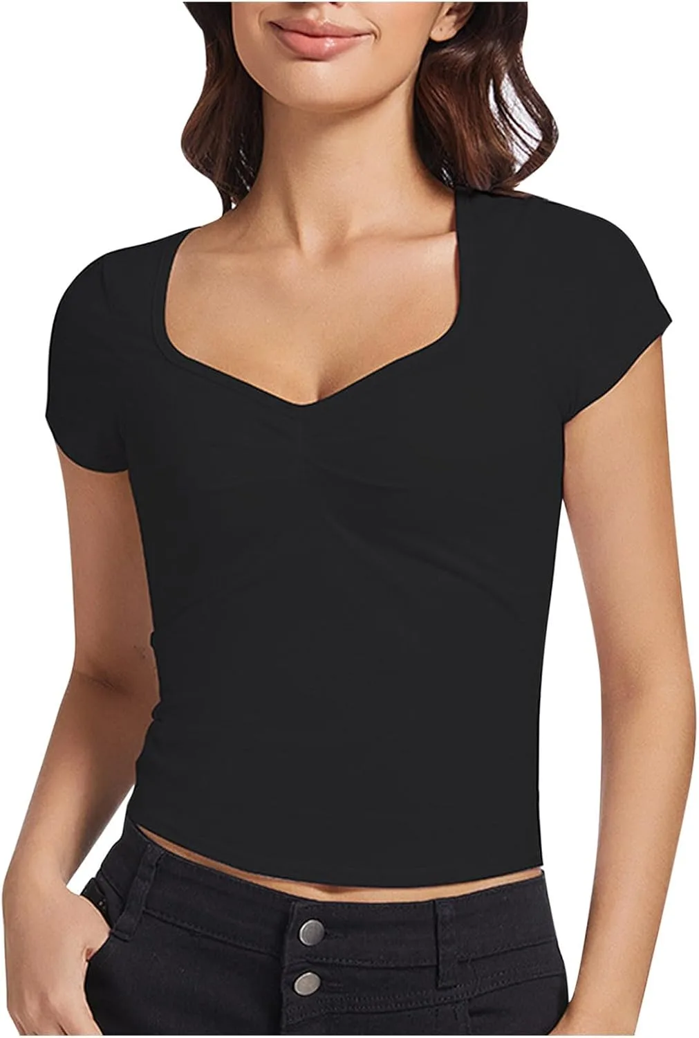 

Женская сексуальная футболка с V-образным вырезом и сборкой спереди, короткий рукав, Slim Fit Xiaojmake