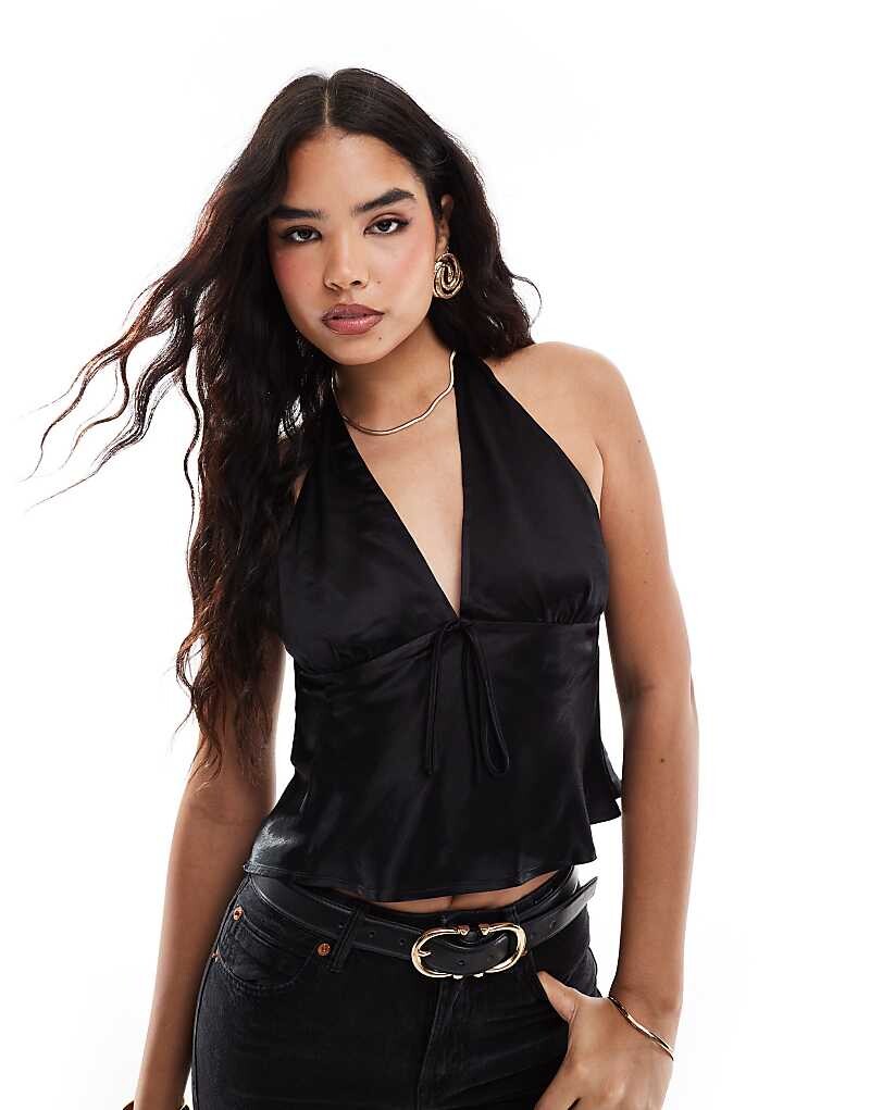

Черный атласный топ с воротником-бретелькой ASOS DESIGN