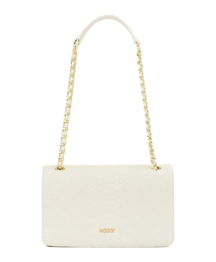 

Белая кожаная сумка с клапаном, украшенным тисненым узором. Kazar, белый