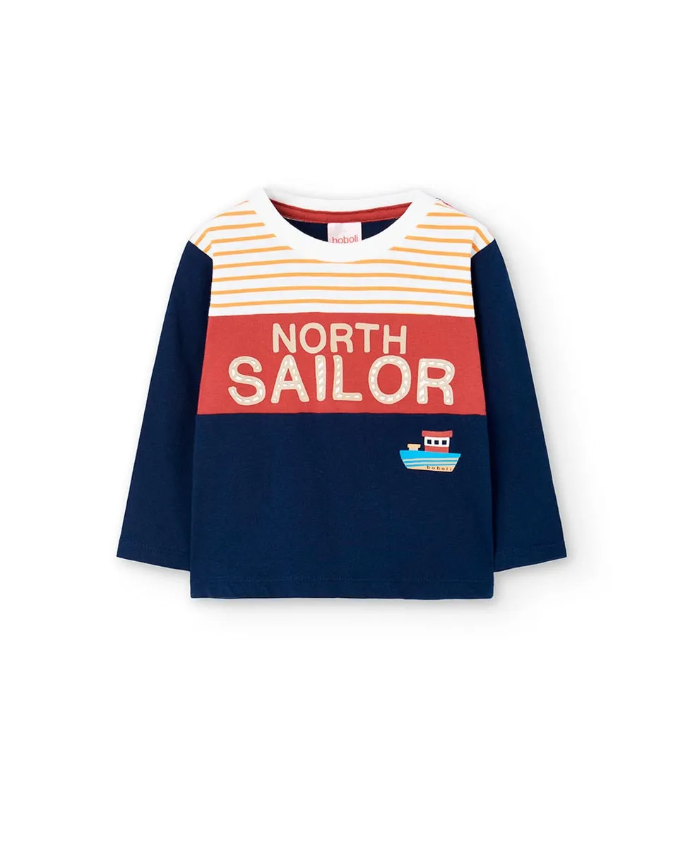 

Детская футболка с полосатым принтом и рисунком на передней части Boboli, темно-синий