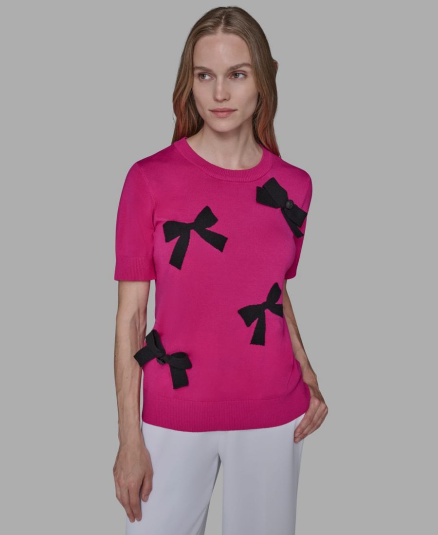 

Женский свитер с короткими рукавами и бантом, размеры P/XS-XL KARL LAGERFELD PARIS, Bright Jewel Pink/Black