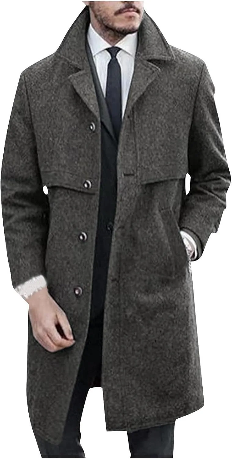 Мужское пальто из шерстяной смеси Casual Business с отложным воротником, однобортное, длинное, теплое зимнее тренчкот Generic, темно-серый