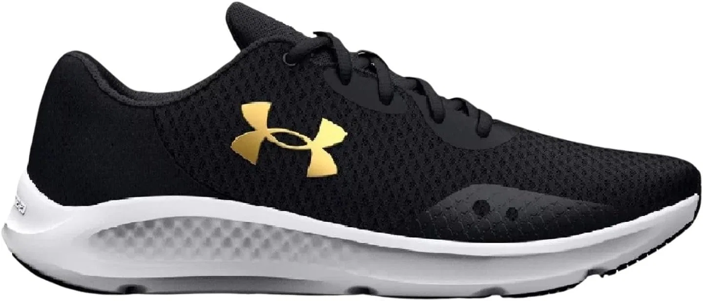 Мужские беговые кроссовки Under Armour UA Charged Pursuit 3 с техническими характеристиками, Black, Black, Metallic Gold — фото 2