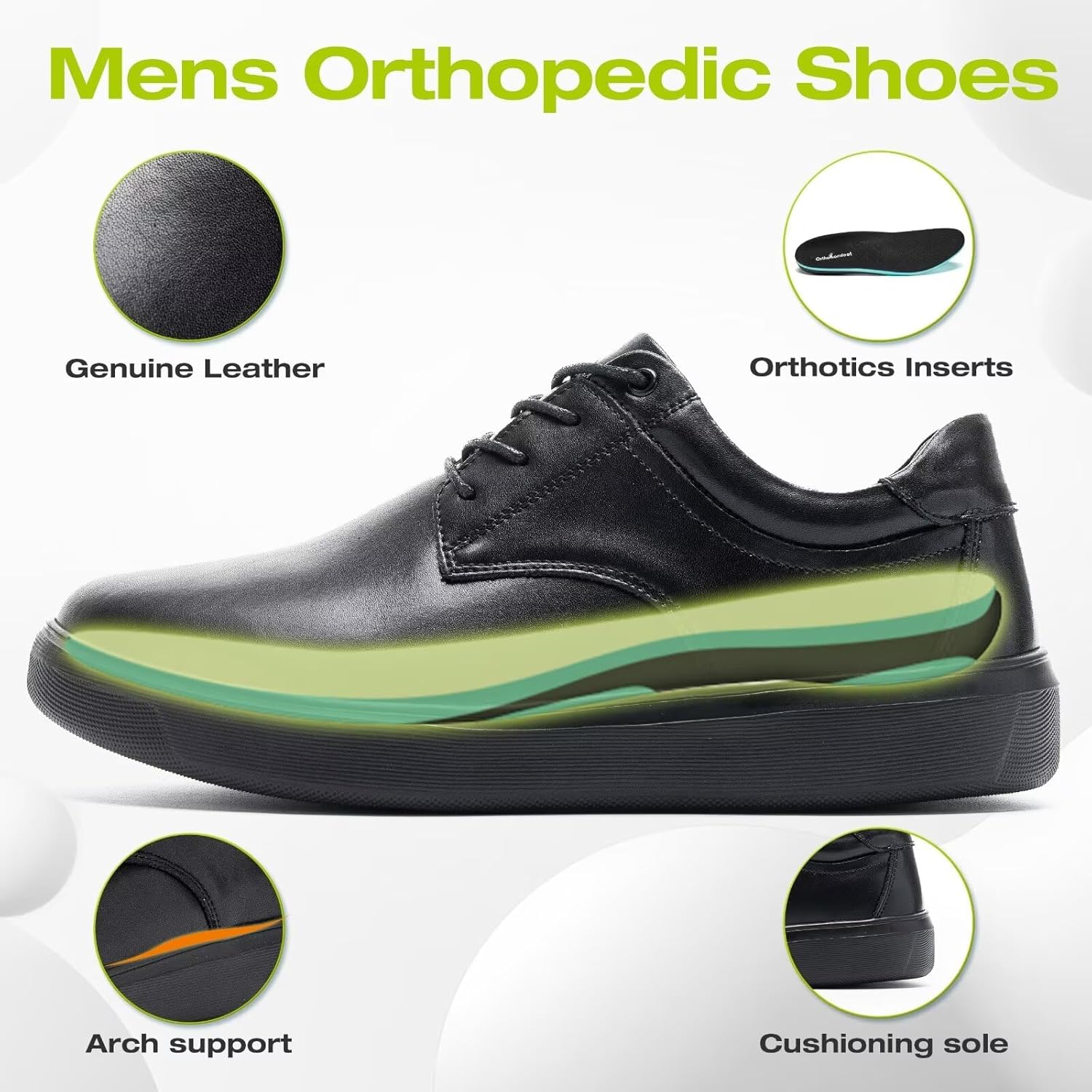 Мужские ортопедические широкие кожаные туфли OrthoComfoot: удобная поддержка свода стопы, оксфорды для плантарного фасциита, ортопедическая повседневная и деловая обувь для облегчения боли в стопах и пятках, черный — фото 4