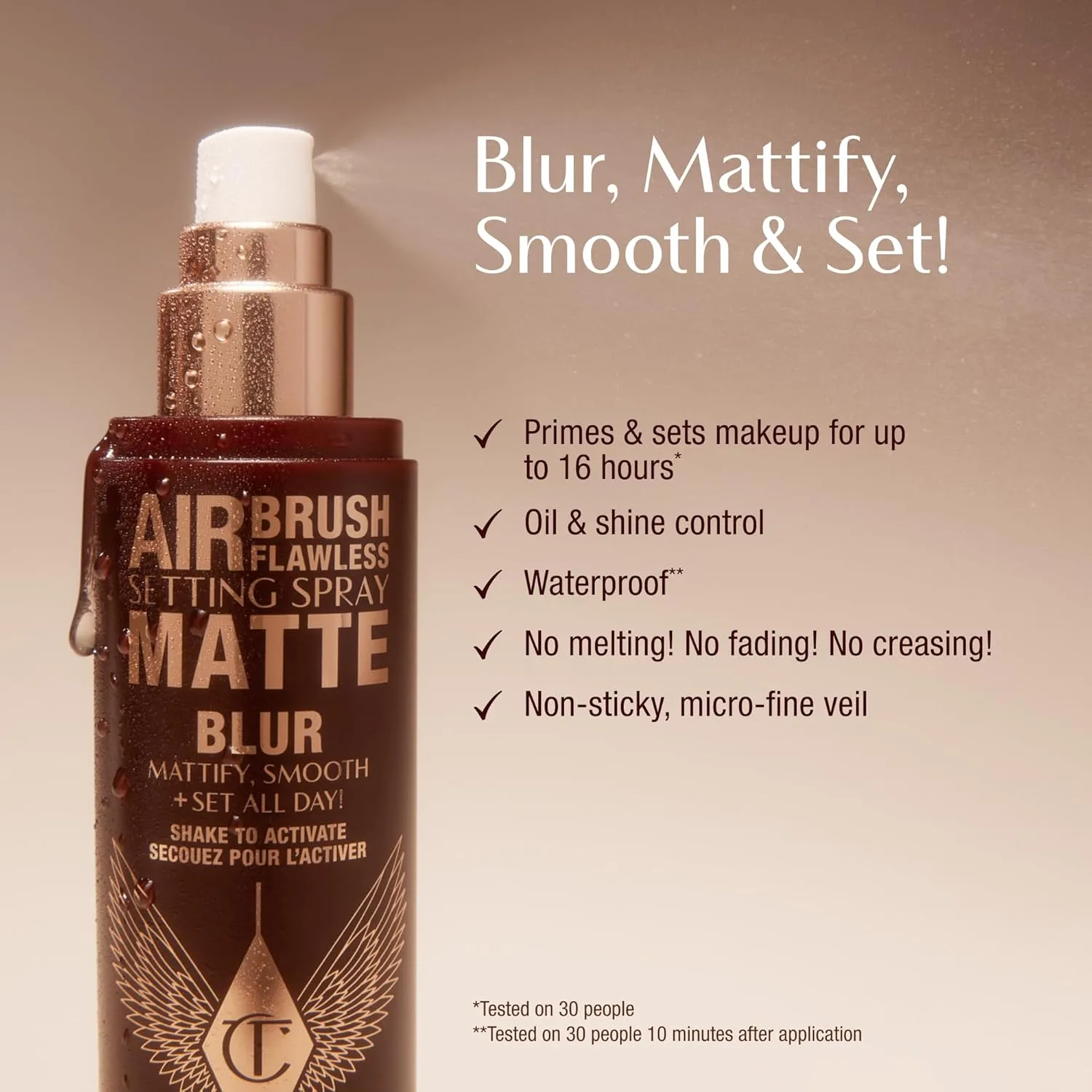 Charlotte Tilbury Airbrush Flawless Matte Setting Spray - ультратонкий спрей для фиксации макияжа на 16 часов, матирует, сужает поры и успокаивает кожу 32,5 мл, Clear — фото 2