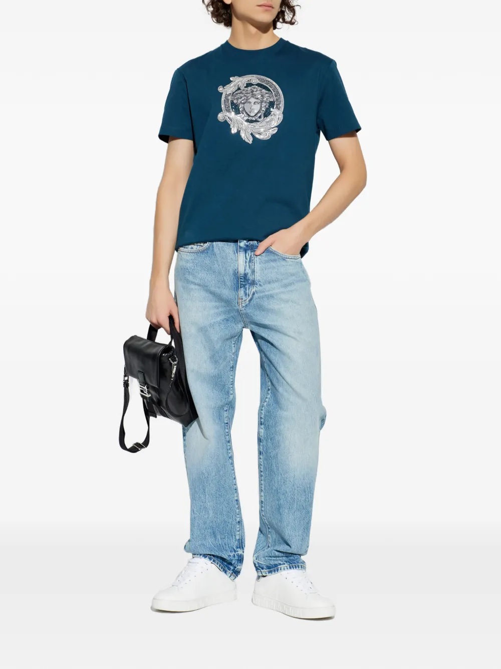 Футболка с вышивкой в виде медузы VERSACE, синий — фото 2