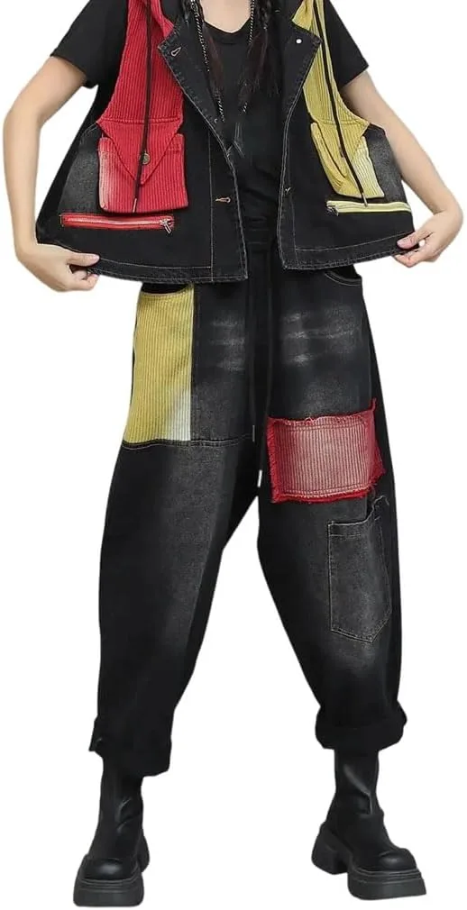 

Spell Color-Block Knitted Patchwork Denim Harem Pants Women Loose Autumn Street Style Pants