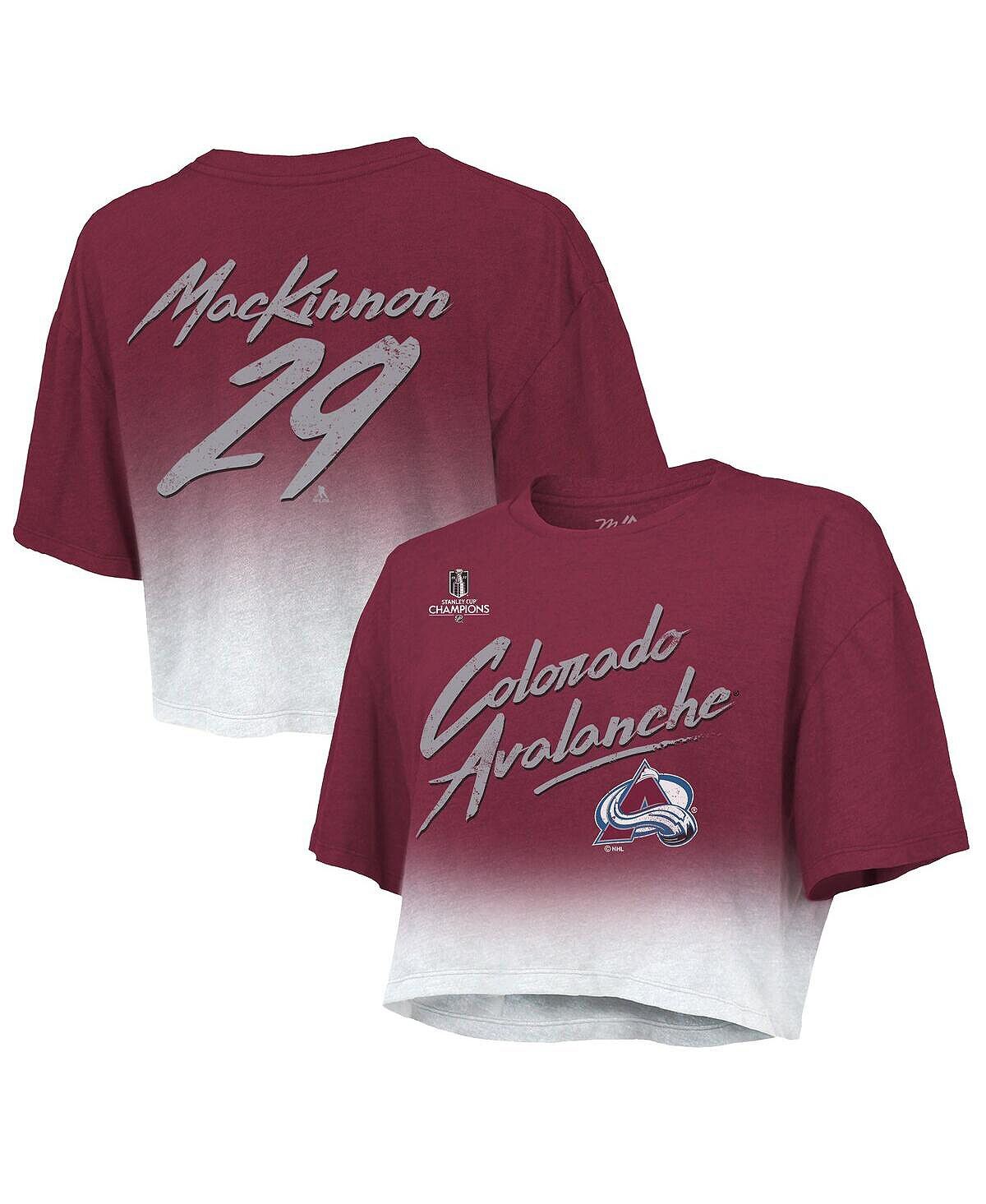 

Женская укороченная футболка с принтом Nathan MacKinnon Burgundy Colorado Avalanche Champions Cup Stanley 2022 Dip Dye Majestic