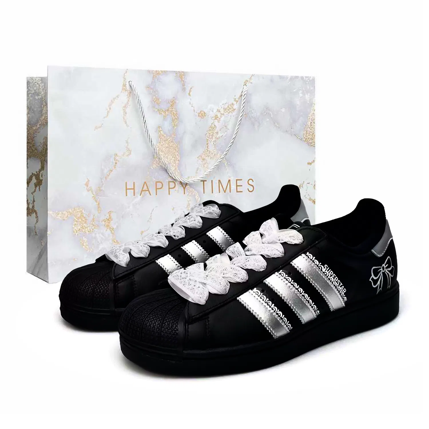 Кроссовки для скейтбординга Superstar 2 Night Silver Butterfly из искусственной кожи, низкие, детские, Black Silver Adidas Originals, Black Silver (Marble Special Shopping Bag)