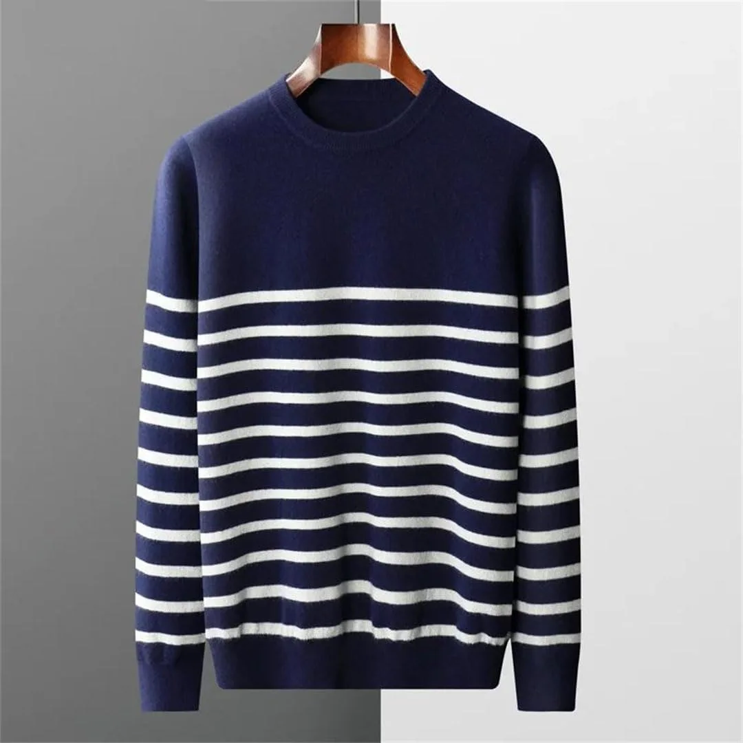 Мужской полосатый свитер из шерсти с круглым вырезом и длинными рукавами, свободного кроя, для повседневной носки и офиса, мягкий и теплый джемпер Generic, синий — фото 2