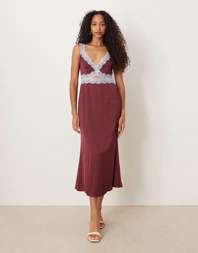 

Платье мидакси Never Fully Dressed Mimi с контрастной кружевной отделкой из атласа бордового цвета