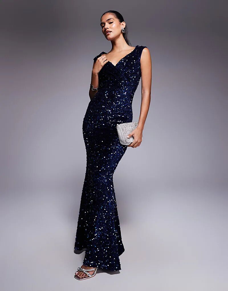 

Платье макси Goddiva с пайетками и бархатом в стиле бардо, темно-синего цвета