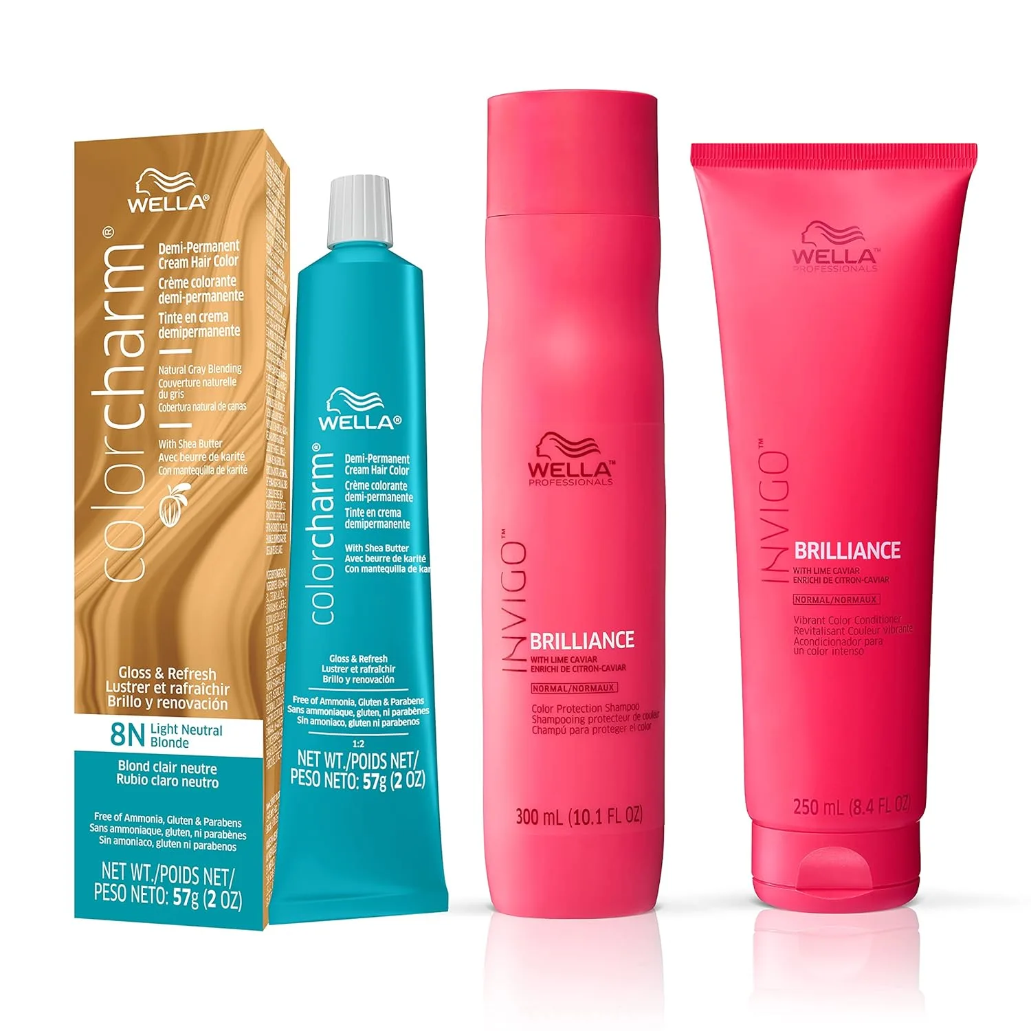 Шампунь и кондиционер WELLA Color Charm Invigo Brilliance Color Protection для тонких волос + полуперманентная краска для волос, оттенок 8N (светло-нейтральный блонд)., 8N Light Neutral Blonde + Color Protection Bundle
