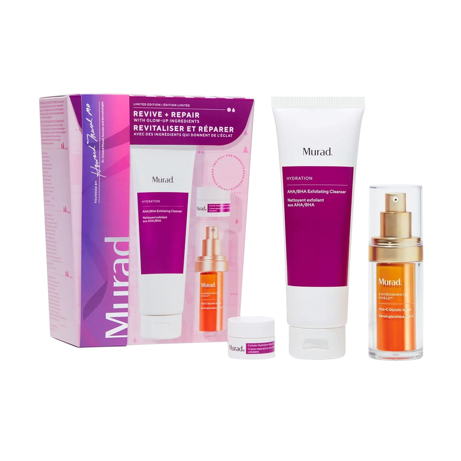 Murad Revive + Repair с Glow Up Ingredients - набор из 3 предметов для здоровья кожи: AHA/BHA очищающее средство 150 мл, сыворотка с гликолевой кислотой 30 мл, крем для клеточного увлажнения 7 мл