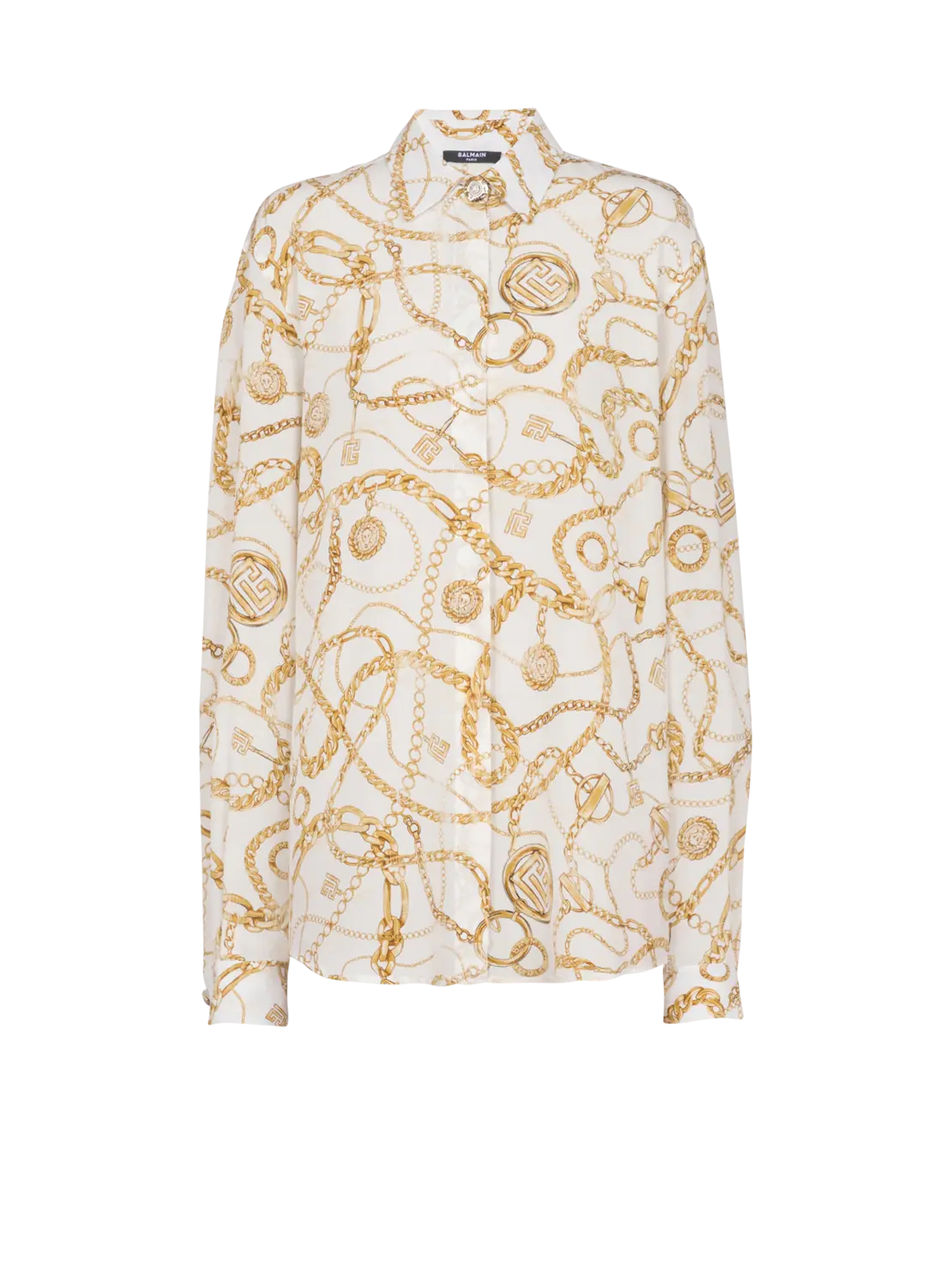 

Шелковая рубашка с принтом и узором Balmain Chains, золото