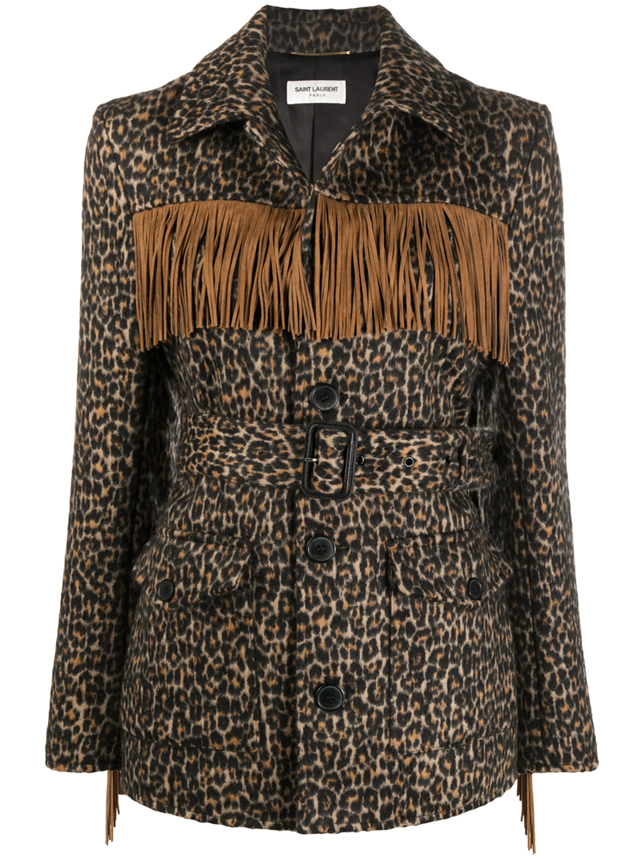 

Короткое пальто с леопардовым принтом и бахромой Saint Laurent, нейтральный