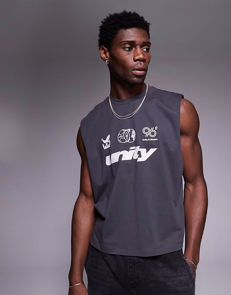 

Футболка свободного кроя без рукавов ASOS DESIGN с принтом на груди, угольно-серого цвета