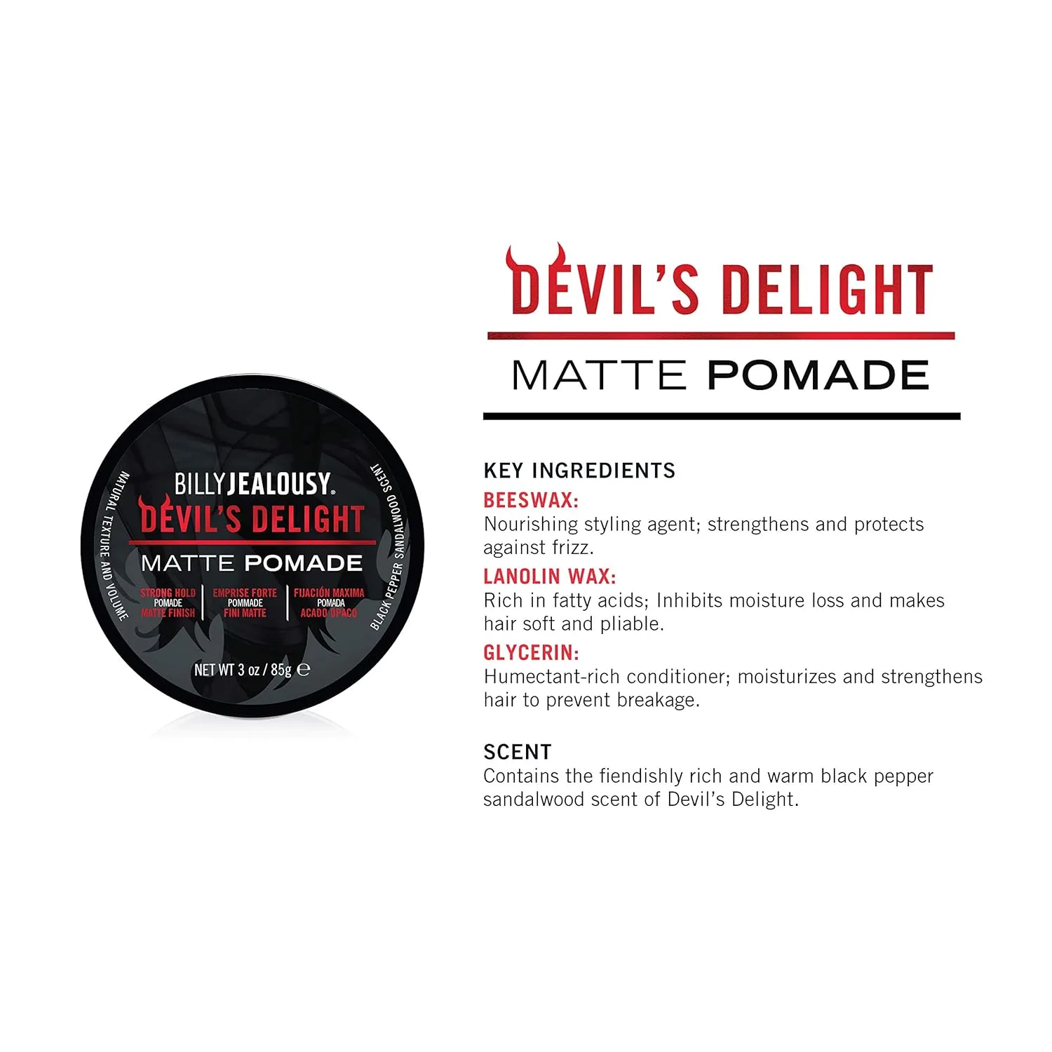 Billy Jealousy Devil's Delight Matte Pomade для мужчин: объем и текстура, сильная фиксация, водная основа, аромат черного перца и сандала, 85 г, black — фото 3